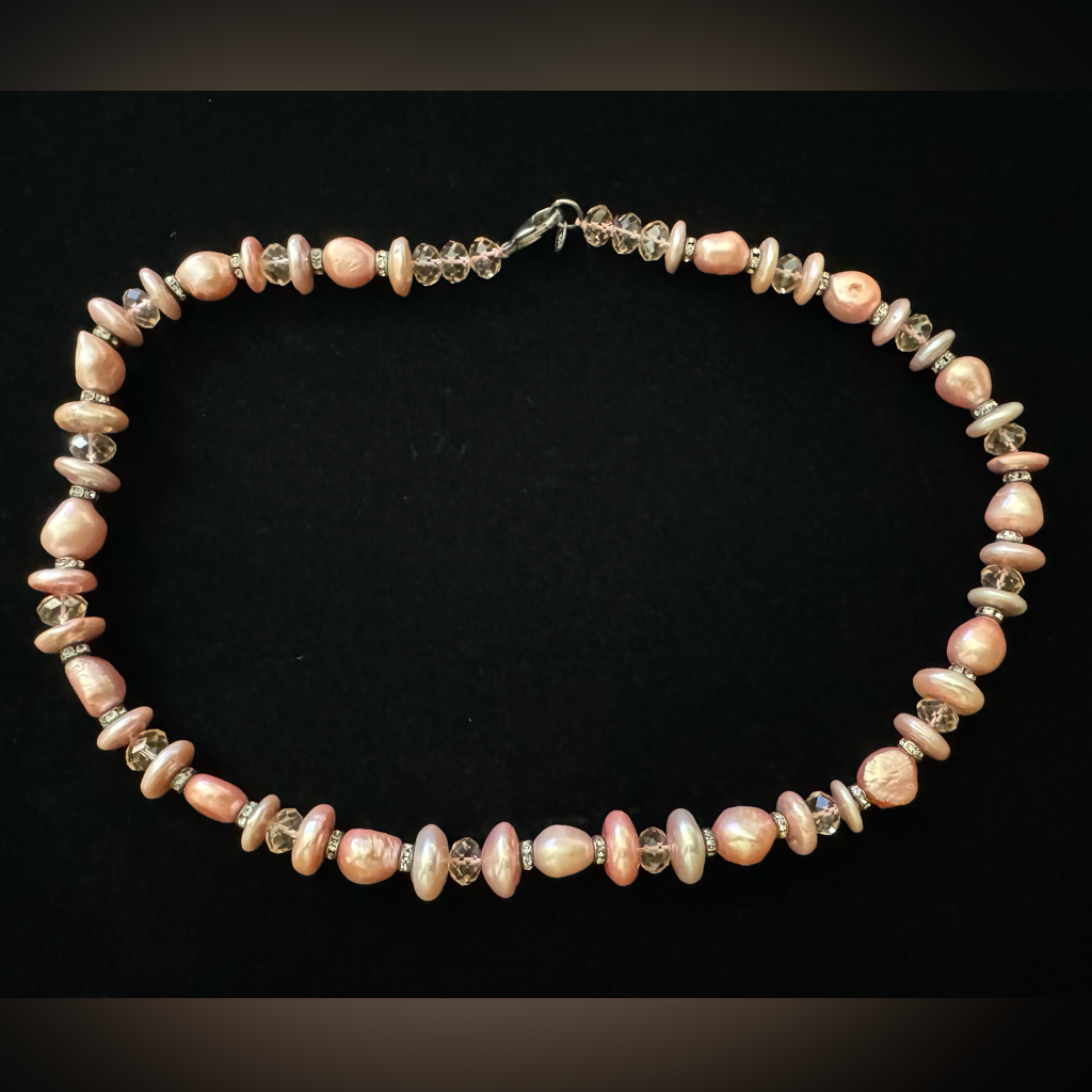 Pink Pearl Crystal Station Necklace 62$